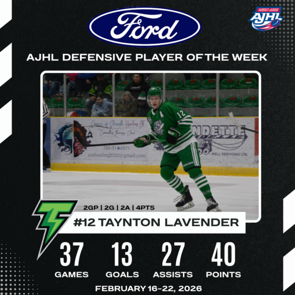 Taynton Lavender is the Alberta Ford Dealers AJHL Defensive Player of the Week