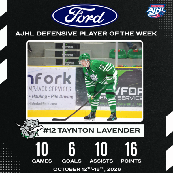 Second consecutive week, Lavender selected as the Alberta Ford Dealers AJHL Defensive Player of the Week.